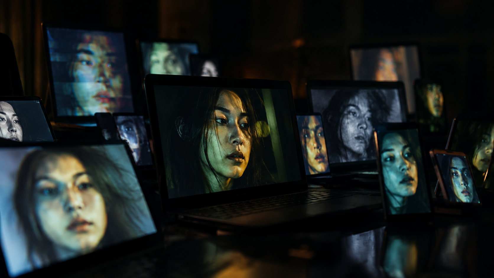 The same signal repeated back across many screens, each copy a little more distorted